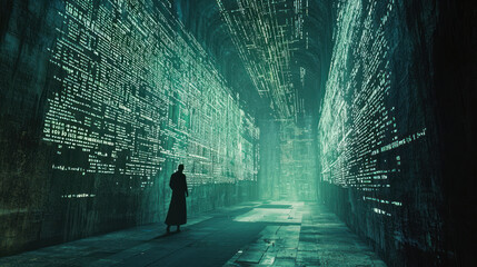 A lone figure navigates a surreal digital maze at a dead end, surrounded by cascading streams of glowing binary code in a futuristic, high-tech environment.