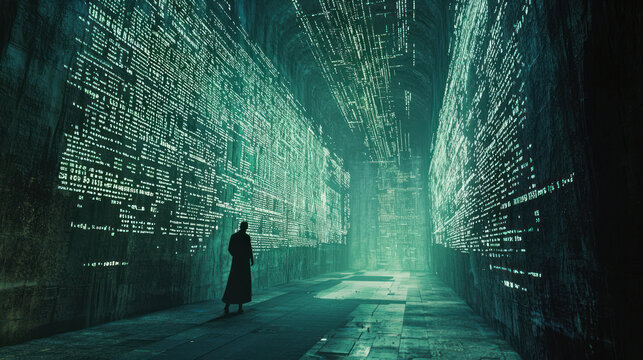 A lone figure navigates a surreal digital maze at a dead end, surrounded by cascading streams of glowing binary code in a futuristic, high-tech environment.