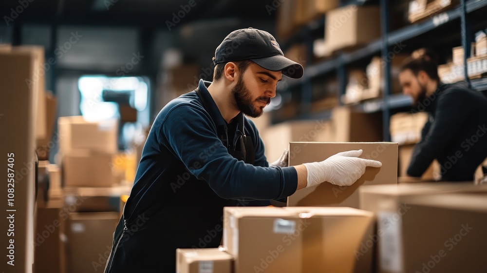 Poster workers organizing items by order priority for fulfillment