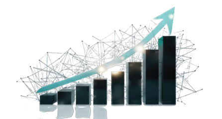 A striking digital illustration displaying a bar graph with an upward trend line, The white background contrasts with deep blue watercolor splashes creating a dynamic visual effect.
