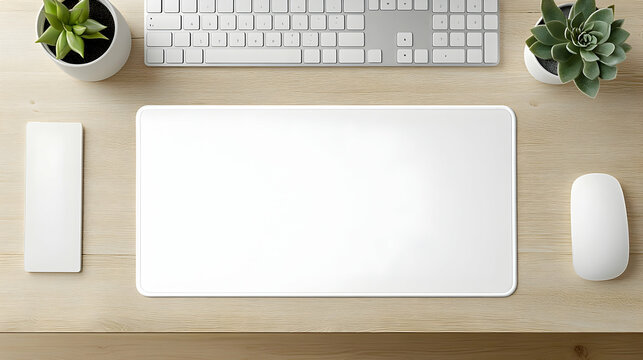 Professional Mouse Pad Mockup on Modern Minimalist White Desk Setup with Apple Magic Mouse and Simple Plant Decor, Clean Workspace Photography with Natural Light