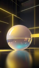 holographic ball in building on black background. 3D rendering of glossy white  ball in holographic
