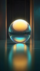 holographic ball in building on black background. 3D rendering of glossy white  ball in holographic