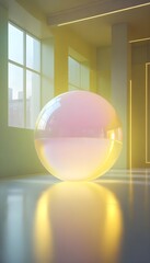 holographic ball in building on black background. 3D rendering of glossy white  ball in holographic