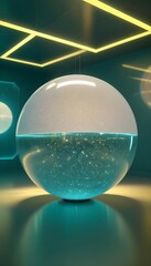 holographic ball in building on black background. 3D rendering of glossy white  ball in holographic