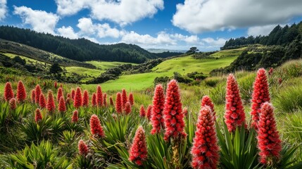 Vibrant red flowers in lush green countryside landscape under blue sky New Zealand Flowers Week