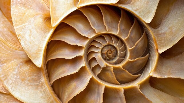 Golden nautilus shell close-up showcasing intricate natural patterns Fibonacci Day