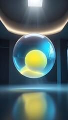 holographic ball in building on black background. 3D rendering of glossy white  ball in holographic