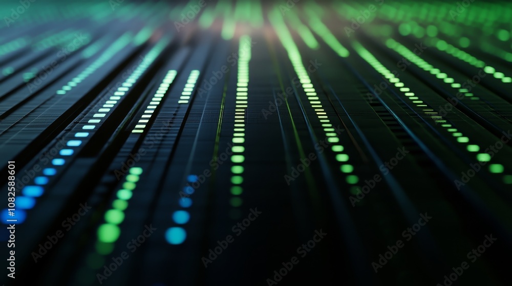 Poster particles and metallic plates make up an abstract background of high tech digital technology.