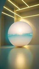 holographic ball in building on black background. 3D rendering of glossy white  ball in holographic
