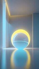 holographic ball in building on black background. 3D rendering of glossy white  ball in holographic