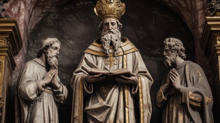 Fototapeta premium Feast of St. Ambrose Religious figures and historical sculpture depicting saints in prayer