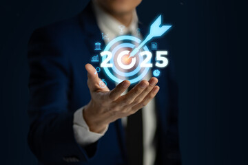 target and Goal business 2025 concept,Business people analyze financial data chart trading...