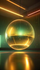 holographic ball in building on black background. 3D rendering of glossy white  ball in holographic