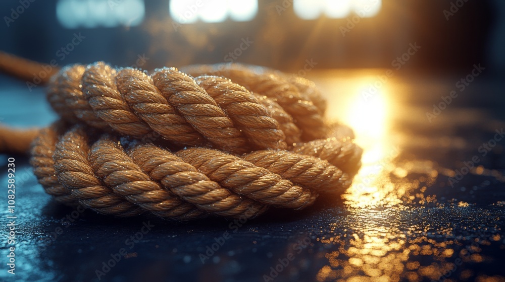 Leinwandbilder the rope is arranged neatly on a reflective surface, with warm light shining from behind. water drop