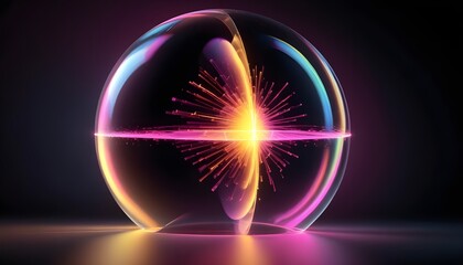 holographic ball in building on black background. 3D rendering of glossy white  ball in holographic