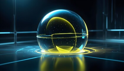 holographic ball in building on black background. 3D rendering of glossy white  ball in holographic