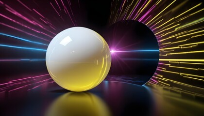 holographic ball in building on black background. 3D rendering of glossy white  ball in holographic