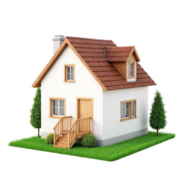 3D rendering of a small, two-story house with a sloping roof. png image transparent background,