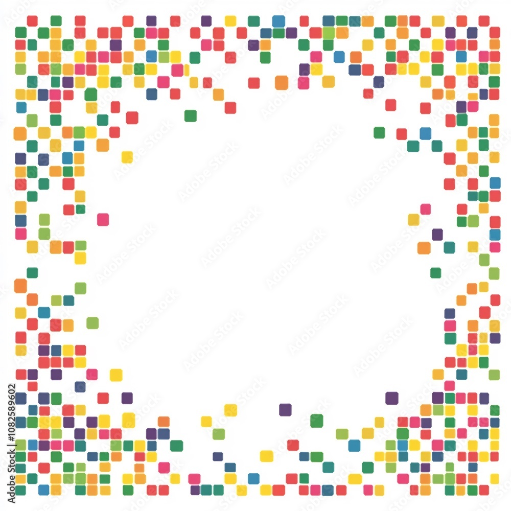 Poster pixel art frame with colorful squares border in retro 8 bit style for nostalgic video game