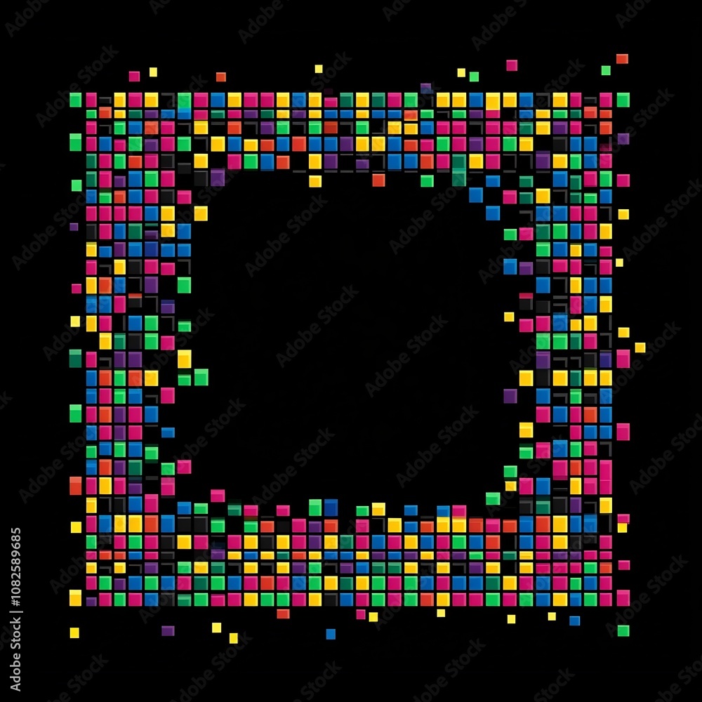 Poster vibrant pixel art border frame for nostalgic or video game themed with colorful squares and retro 8 