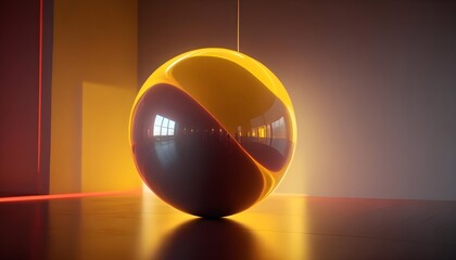 holographic ball in building on black background. 3D rendering of glossy white  ball in holographic