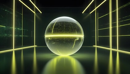 holographic ball in building on black background. 3D rendering of glossy white  ball in holographic