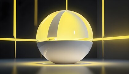 holographic ball in building on black background. 3D rendering of glossy white  ball in holographic