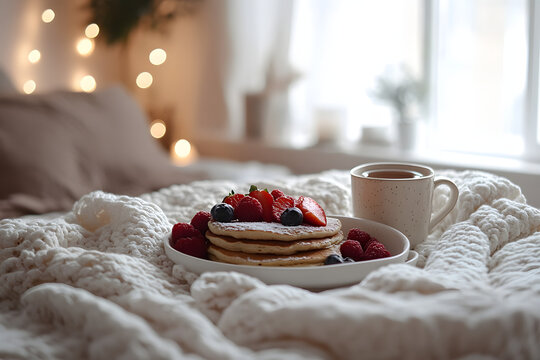 Cozy Vegan Breakfast Setup. A cozy breakfast scene with vegan pancakes, fresh fruit, and a warm drink, with a minimalistic, hygge-inspired setup.