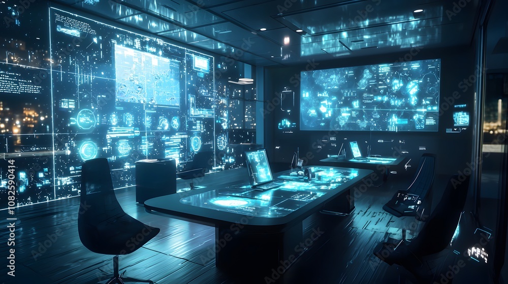 Fototapete Innovative technology workspace enhances collaboration and productivity with advanced digital interfaces