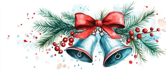 Safe Toys and Gifts Month Festive christmas bells and pine branches with red ribbon and berries watercolor art