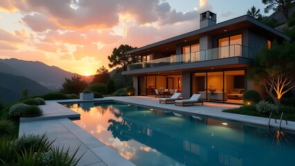 Obraz premium A stunningly beautiful contemporary home nestled within nature, boasting a tranquil pool that reflects the sunset
