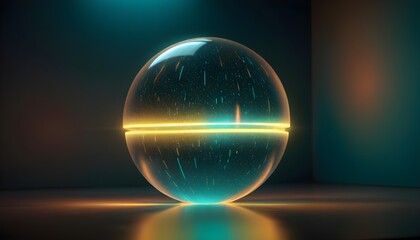 holographic ball in building on black background. 3D rendering of glossy white  ball in holographic