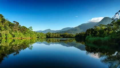 Serene Lake Surrounded by Lush Tropical Rainforest, Reflecting Towering Trees and Distant Mountain Peaks Under a Clear Blue Sky, Captured for a Scenic Nature Landscape
