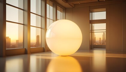 holographic ball in building on black background. 3D rendering of glossy white  ball in holographic