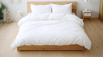 Scandinavian-style bedroom interior with a wooden bed frame, neatly made white bedding, pillows, a plant, minimalist nightstand, and wooden floor, showcasing modern simplicity.