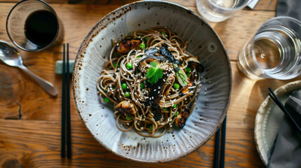 An inviting table featuring Asian-inspired black truffle pasta with soba noodles, edamame, and shiitake mushrooms, set with elegant tableware and a glass of sake, highlighting its exotic flavors.