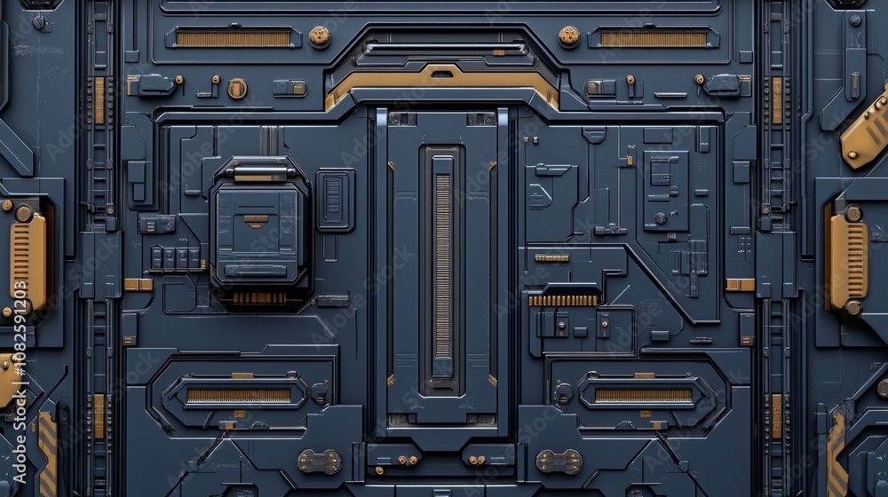 Poster an electronic circuit board with microchips and processors rendered in 3d. technology background.
