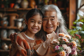Obraz premium Grandmother Achievement Day Joyful generations: smiling grandchild and grandmother sharing a floral gift in a cozy setting