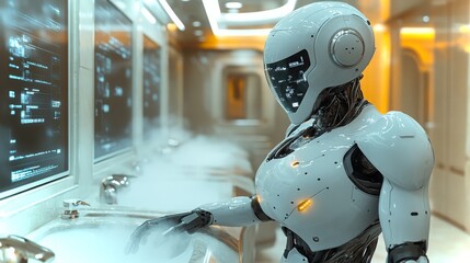 A humanoid android efficiently scrubbing bathroom tiles in a futuristic restroom environment