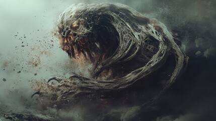 A monstrous creature with a gaping maw and glowing eyes emerges from a cloud of dust and debris.