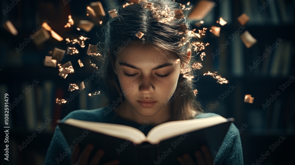 Poster young student absorbing knowledge from an old book in a library with floating pages