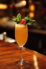 Fresh Bellini Cocktail Elegant cocktail garnished with fresh basil and cherry tomatoes in a flute glass