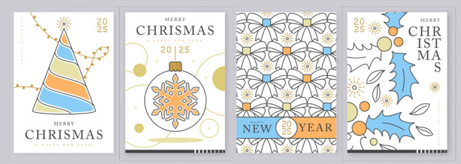 Set of modern line art Merry Christmas and Happy New Year greeting cards, covers or posters with holiday decoration. Christmas background. Vector illustration