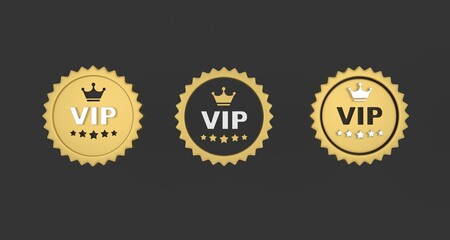 3d luxury VIP badge icon or premium VIP club sticker with crown and stars. 3d rendering on black background.
