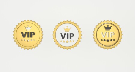 VIP 3D luxury badge or VIP premium club sticker with crown and stars. 3D rendering on white background.
