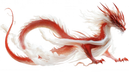 Traditional Dragon in Red and White with Clouds, Chinese New Year Festival, Isolated on White, PNG File, Transparent Background