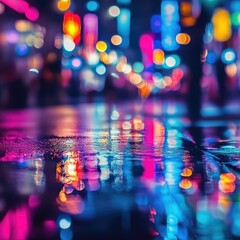 Vibrant urban night scene with colorful reflections on wet pavement, creating an enchanting mood and atmosphere.