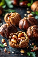 Roasted chestnuts on dark wooden surface with crumbs