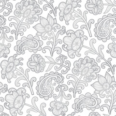 Fototapeta premium Swirl flowers, paisley grey pattern, white background. Seamless floral pattern-493.